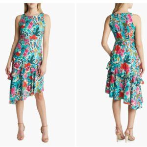 SAM EDELMAN Tropical Ruffle Cutout Midi Dress In Aqua Multi size 6